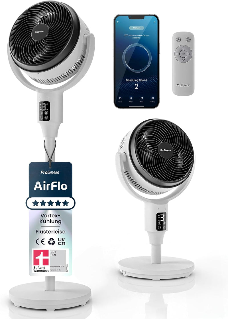 Ventilador de pie inteligente Pro Breeze AirFlo de 108 cm, calificado como BUENO (1,9) por Stiftung Warentest, 29 dB, ventilador de pie y sobremesa 2 en 1, oscilación de 85° + 135°, Wi-Fi, aplicación, compatible con Alexa y Google Home