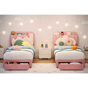 Paquete de 2 bases de cama individual con cajones de almacenamiento y cabecera, tapizadas en terciopelo, perfil bajo, sin ruido, fácil montaje, rosa