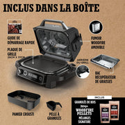 Barbacoa eléctrica Ninja Woodfire, parrilla, ahumador y freidora de aire, barbacoa de exterior 7 en 1, parrilla, freidora de aire, ahumar, asar, horno, resistente a la intemperie, antiadherente, portátil, gris/negro OG701EU