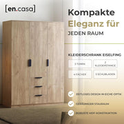 [en.casa] Armario Eiselfing, armario con 3 puertas, ropero 176 x 120 x 52 cm, armario de dormitorio, 2 barras para ropa, 4 compartimentos, 3 cajones, aspecto de roble