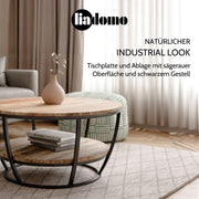 Mesa de centro Gianna, redonda 86 cm, mesa de salón, mesa auxiliar, tablero de madera de mango, estructura de metal con recubrimiento en polvo negro, con estante adicional, robusta, de fácil mantenimiento