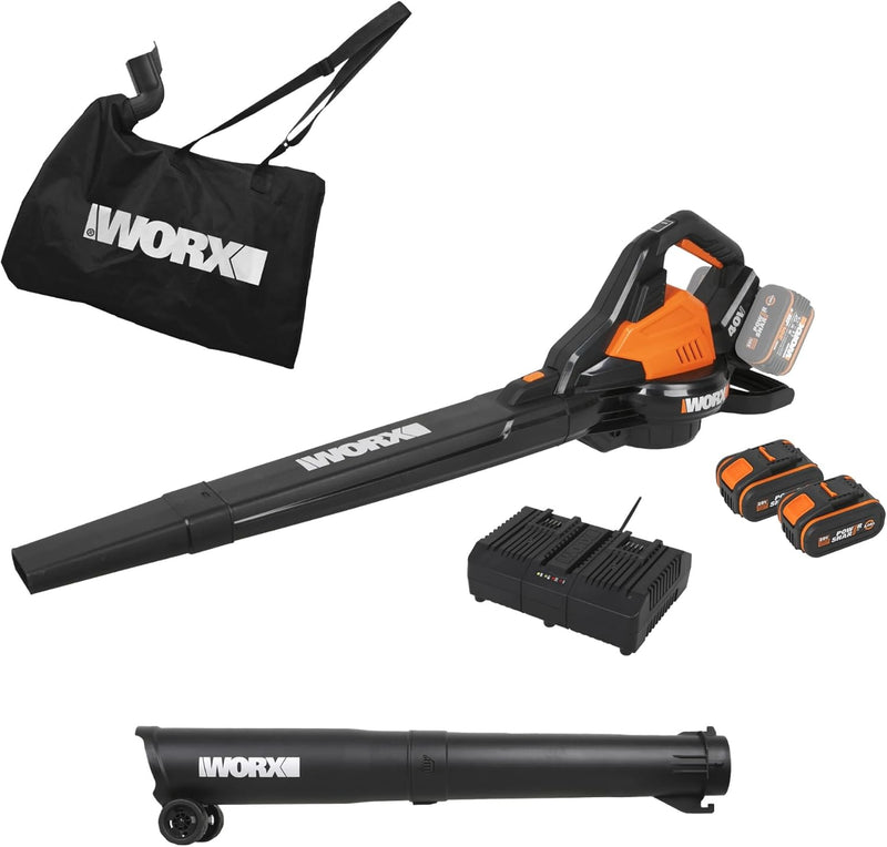 Soplador/aspirador de hojas a batería WORX WG583E 40V - Multifunción 3 en 1 para barrer, aspirar y triturar hojas - Velocidad del aire 335 km/h - Caudal de aire 575 m³/h - incluye 2 baterías de 4Ah y cargador