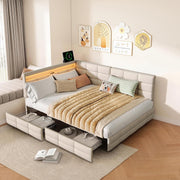 Cama tapizada doble, sofá cama de 140x200 con 2 cajones de almacenamiento, cama juvenil con USB, cama con almacenamiento, cama funcional con somier de láminas, cama infantil con cabecero LED, sin colchón (beige + lino)