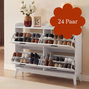 Zapatero CASABEL con 4 trampones, frentes con patrón de cruz, blanco, diseño funcional, gran capacidad para 24 pares, mueble práctico para recibidor o salón, 114x24x83 cm