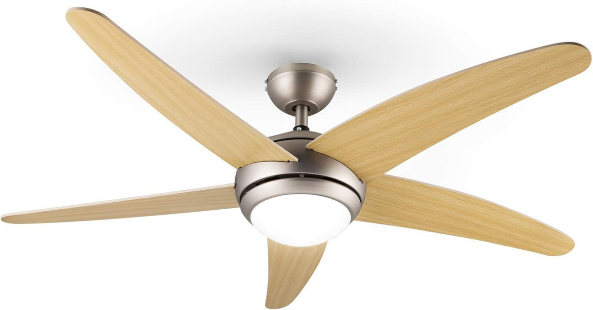 Klarstein Bolero - Ventilador de techo 2 en 1, diámetro de 134 cm, lámpara de 55 W de potencia, aspas de madera, control remoto, 50 dB, 3 velocidades: rápida, media, lenta, arce