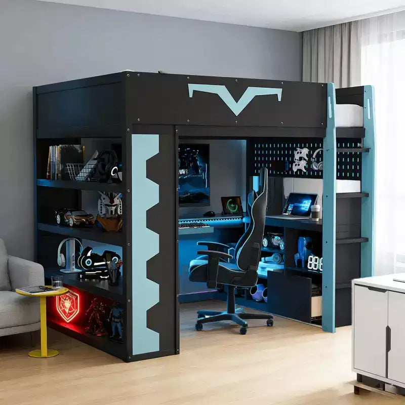 Cama tipo loft para juegos Luxystar Modern con escritorio iluminado, bandeja para teclado, tablero perforado y estantería de almacenamiento
