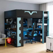 Cama tipo loft para juegos Luxystar Modern con escritorio iluminado, bandeja para teclado, tablero perforado y estantería de almacenamiento