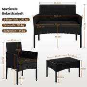 Yaheetech Set de muebles de jardín de 4 piezas, conjunto de muebles de balcón de poliratán para exterior con sofá de 2 plazas, 2 sillas, mesa y cojines para terraza/balcón/jardín, negro y gris