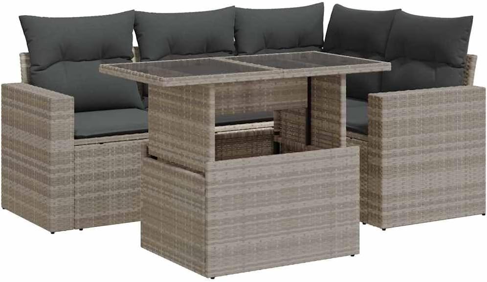 vidaXL Conjunto de sofás de jardín de 5 piezas con cojines gris claro de poliratán, conjunto de sofás de exterior, conjunto de sofás de exterior, set de salón de jardín, conjunto de sofás de jardín