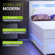 Cama boxspring Juskys Norfolk 180x200 cm - Iluminación LED, colchón Bonell y topper - 66 cm de altura de confort - blanco - Cama, cama doble, cama tapizada