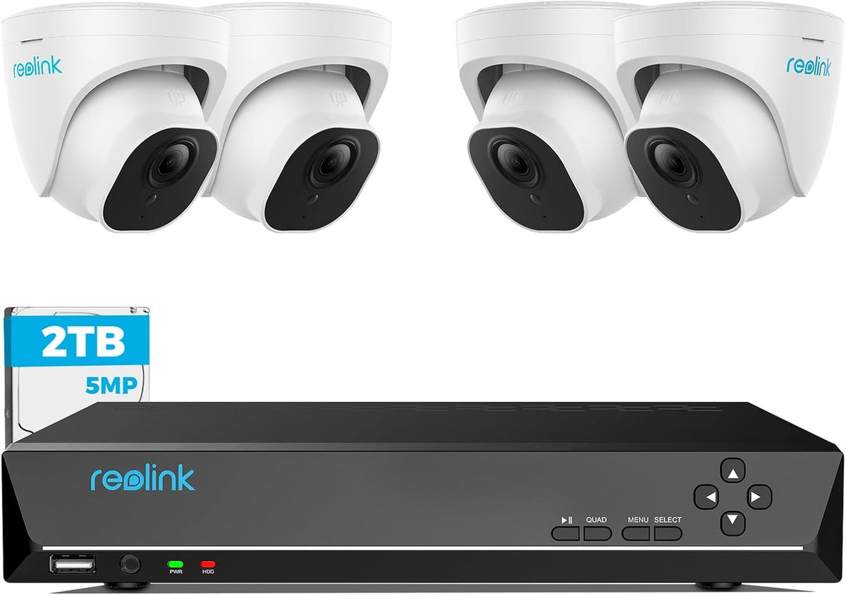 Reolink 5MP Cámara de Vigilancia Exterior, Kit de Videovigilancia con NVR de 8 canales y 2TB y 4 Cámaras IP PoE Cableadas de 5MP, Detección de Personas/Vehículos, Visión Nocturna de 30m con Audio, RLK8-520D4-5MP