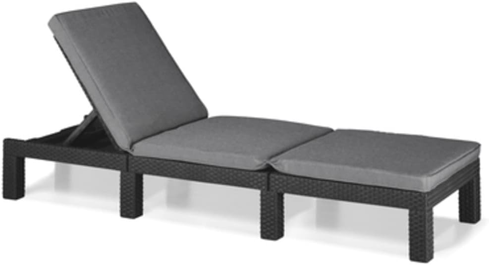 Tumbona Daytona Deluxe de Allibert by Keter para jardín, terraza y balcón con respaldo ajustable, gris, incluye cojín, tumbona de jardín de plástico, aspecto de ratán plano, 195x65x25,5 cm