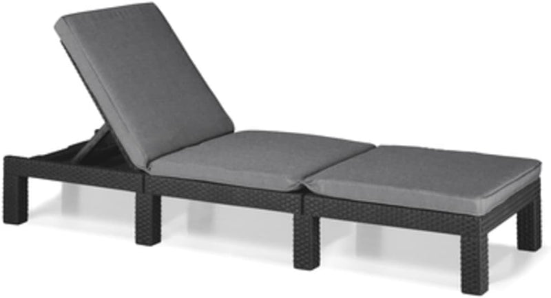 Tumbona Daytona Deluxe de Allibert by Keter para jardín, terraza y balcón con respaldo ajustable, gris, incluye cojín, tumbona de jardín de plástico, aspecto de ratán plano, 195x65x25,5 cm