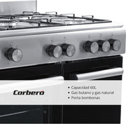 Corberó - Cocina de gas butano 5 fuegos | CC510GB90X | 80x90x60 | Horno de 60L con puerta doble | Wok en el centro | Encendido manual | Cajón calientaplatos | Bandeja y parrilla cromadas | Con tapa | Inox