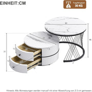 Juego de 2 mesas de centro redondas con tablero de PVC con patrón de mármol y estructura de metal, juego de mesas auxiliares, mesa de café y mesa de sofá con 2 cajones para sala de estar y dormitorio (blanco y negro - 75 cm)