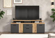 Mueble para TV trendteam smart living Esteban, gris/roble, con 4 puertas, 1 cajón, 1 puerta abatible, 3 compartimentos abiertos (ancho x alto x fondo) 180 x 67 x 47 cm, 2 puertas con diseño estriado, montaje reversible (derecha/izquierda)