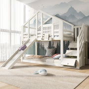Cama litera infantil Merax 90x200cm, cama casita, litera alta con tobogán, escalera, compartimento de almacenamiento, espacio de almacenamiento, somier, protección anticaídas, con ventana, para 2 niños, sin colchón, blanco/254x96x207cm
