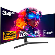 Monitor gaming curvo ultrawide Gawfolk de 34 pulgadas 165Hz UWQHD 3440x1440 1500R VA, altura ajustable, DP, HDMI, VESA 75x75