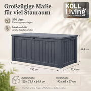 Arcón de almacenaje 570 litros impermeable con ventilación 155 x 72,4 x 64,4 cm aspecto madera con pistón de gas antracita