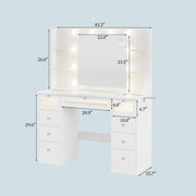 Tocador blanco con espejo iluminado de 23.5”, escritorio con cubierta de vidrio, 9 cajones, 3 colores de luces tipo Hollywood, 4 repisas, acrílico y toma de corriente, mesa de maquillaje para dormitorio
