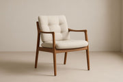 Sillón de madera maciza de roble con cojines de tela de poliéster beige, cojines incluidos