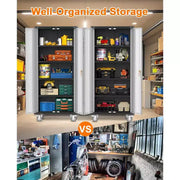Gabinete de almacenamiento para garaje con ruedas y tablero perforado, armario de metal con cerradura de 72" de altura, 2 puertas y 4 estantes ajustables para taller de garaje