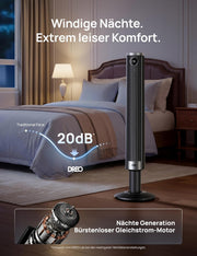 Ventilador de torre inteligente DREO 102–114 cm para dormitorio, altura ajustable, 8,4 m/s, motor CC, 9 velocidades, 4 modos, oscilación de 90°, ventilador de pie, 20 dB silencioso, temporizador de 12 h para el hogar y la oficina, Google/Alexa