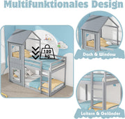 Cama infantil 90x200 cm, litera para 2 niños, cama alta con protección anticaídas, litera en forma de casa del árbol para niños y niñas, cama individual de madera maciza, cama de juegos, sin colchón, gris