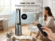 Ventilador de torre sin aspas Fakir TVL 100 - Motor CC, 12 velocidades de ventilación, 30 dB(A), oscilación de 60°, temporizador de 12h, pantalla táctil LED, mando a distancia, antracita