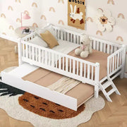 Estructura de cama individual con nido y barandilla, cama de plataforma de perfil bajo con escaleras para niños y niñas