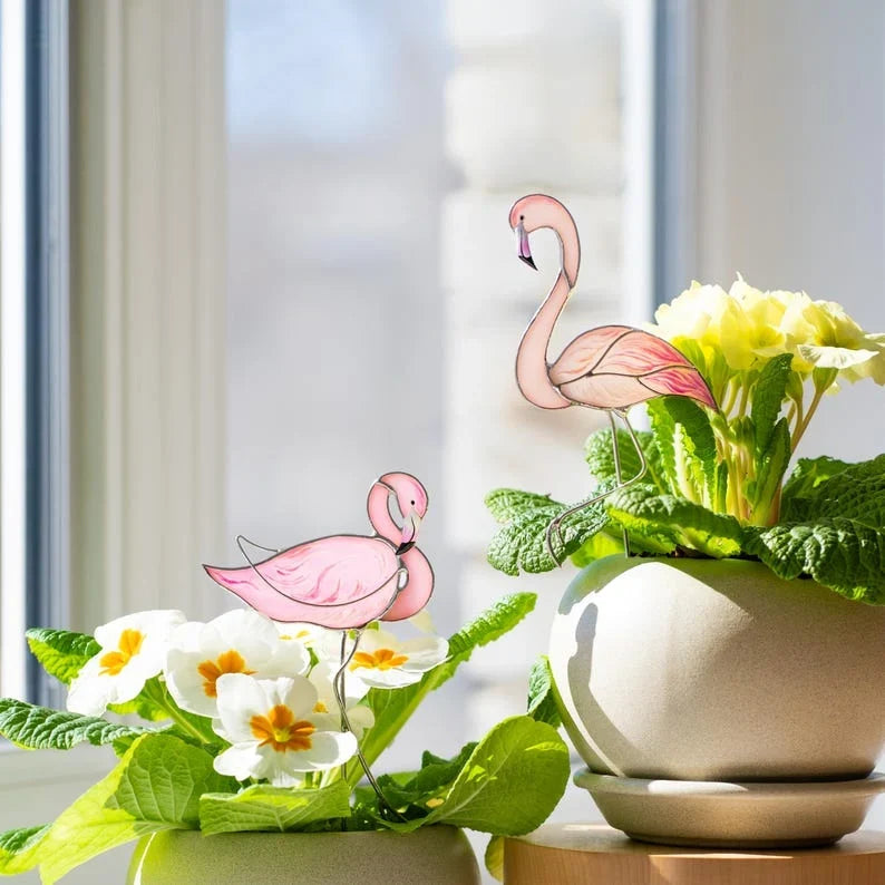 Estaca decorativa de flamenco de cristal para plantas, decoración de jardín romántica, pintado a mano, rosa