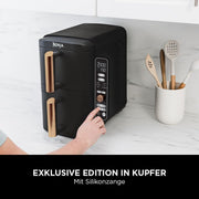Freidora de aire Ninja Double Stack XL, 2 cajones verticales, 4 niveles de cocción, 2 rejillas, diseño compacto, capacidad de 9,5 L, 6 funciones, 8 raciones, pinzas, negro/cobre SL400EUCP