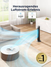 Ventilador de torre inteligente Midea FZ10-26ARDW silencioso con mando a distancia, 19 dB ultrasilencioso, motor CC, 4 modos y 12 niveles, temporizador de 24 h, control por aplicación para dormitorio, salón y oficina, negro, 105 cm