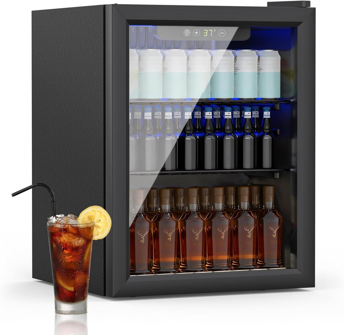 Refrigerador de bebidas, mininevera de 70 latas/50 l con puerta transparente para refrescos, cerveza o vino, frigorífico pequeño independiente con estante ajustable y pantalla digital (negro)