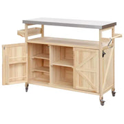 Isla de cocina para exteriores con cubierta de acero inoxidable, carrito de cocina de madera con puertas, estantes y especiero, isla de cocina con ruedas