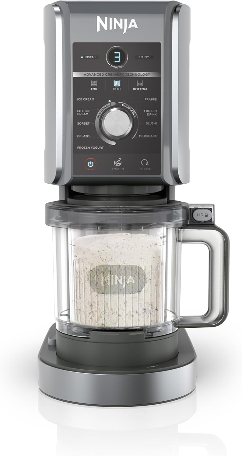 Ninja CREAMi Deluxe Heladera y máquina de bebidas heladas con 2 recipientes, 10 funciones, prepara helado, gelato, sorbete, yogur helado, batidos, granizados y más, opción de 2 sabores en 1, plateado, NC502EU