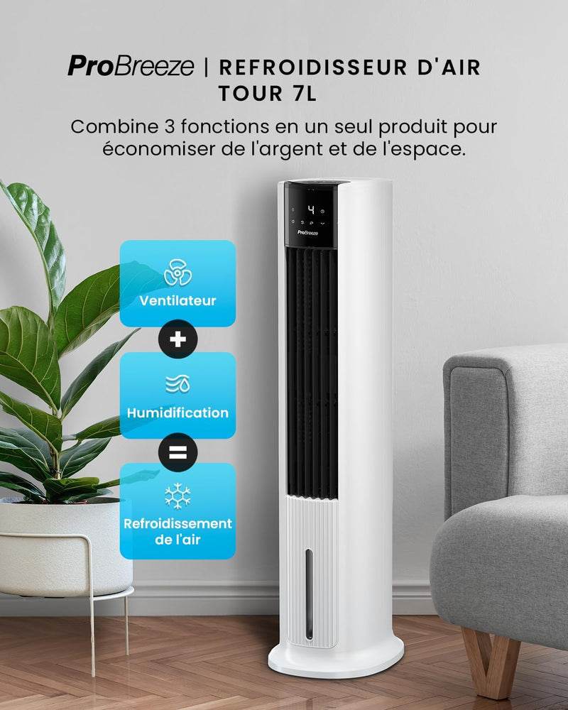 Enfriador de aire Pro Breeze OmniAir 7L 3 en 1, 7 velocidades, 3 modos, oscilante, temporizador de 10 h, climatizador portátil sin evacuación, silencioso, sin conductos, ventilador enfriador de aire