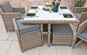 Ragnarök PolyRattan - Marca ALEMANA - Producción PROPIA - 8 años de garantía - Muebles de jardín, conjunto de comedor, mesa, 4 sillas, taburetes, 12 cojines, gris, aluminio inoxidable, natural, comedor, cubo, cristal