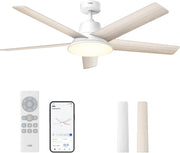 Ventilador de techo inteligente DREO con luz, 132 cm, 12 velocidades, 3 modos, iluminación LED de intensidad regulable, motor CC silencioso, temporizador de 12 horas, control remoto/APP/Alexa, para interiores, blanco
