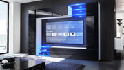 Mueble de salón Vladon Mirage, fabricado en Alemania, composición modular con panel trasero, 2 puertas, 2 puertas abatibles y 6 estantes de cristal abiertos, blanco mate/negro brillante (262 x 183 x 39 cm)