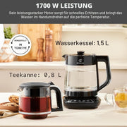 Máquina de té Karaca Caysever, acero, cromo 1700 W, libre de BPA, capacidad de tetera de cristal de 0,8 L, capacidad del depósito de agua de 1,5 L, preparación de agua
