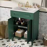 Tocador de baño de 24 pulgadas con lavabo de cerámica, gabinete estilo Shaker, 2 puertas de cierre suave y marco de madera maciza para baño pequeño o tocador