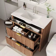 Conjunto de tocador de baño moderno estriado con lavabo de cerámica integrado, mueble de baño independiente con 3 cajones para baño contemporáneo