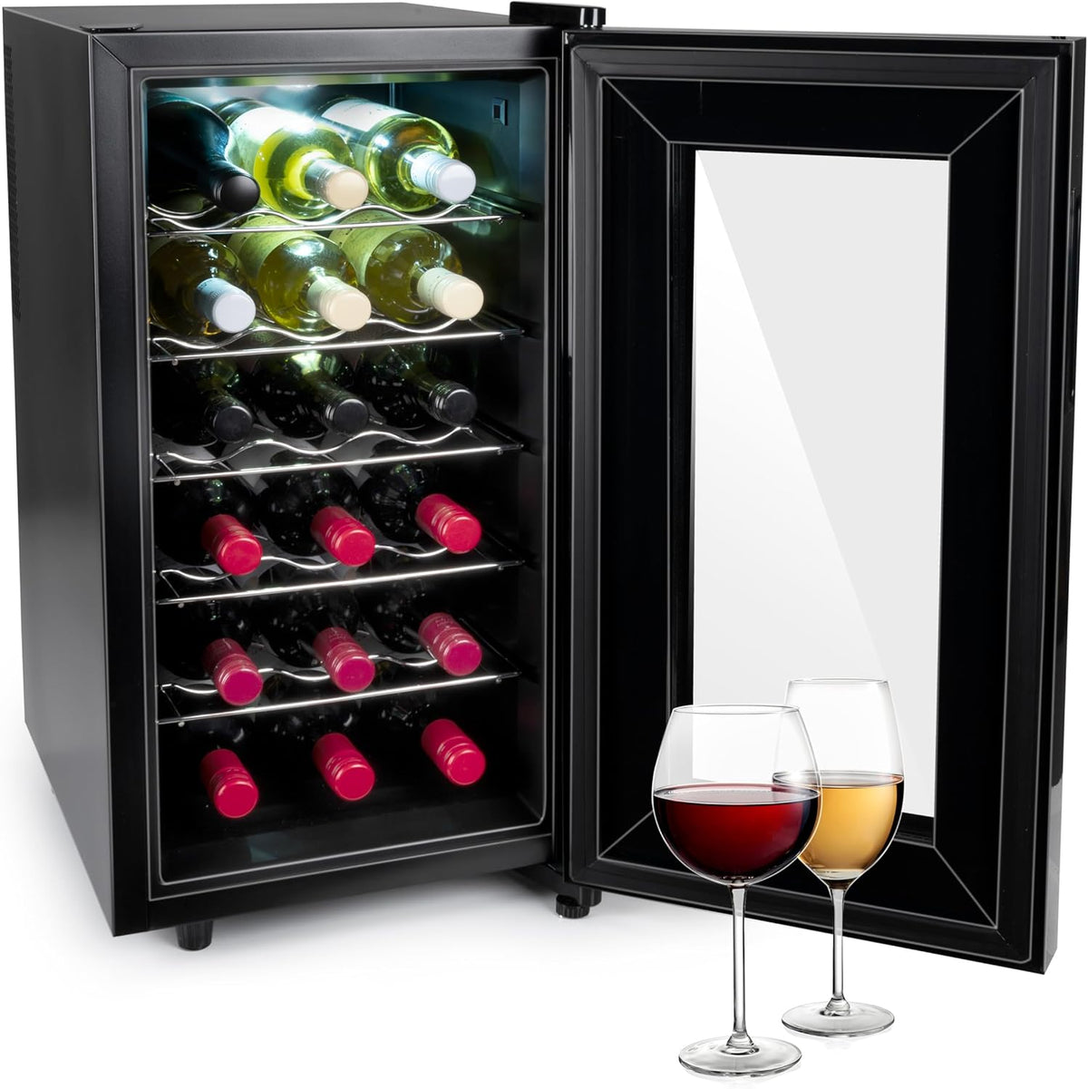 alpina Vinoteca - 230V - 18 Botellas/50L - Temperatura Regulable de 11°C a 22°C - Puerta de Cristal e Iluminación Interior - Poco o nulo ruido - Negro