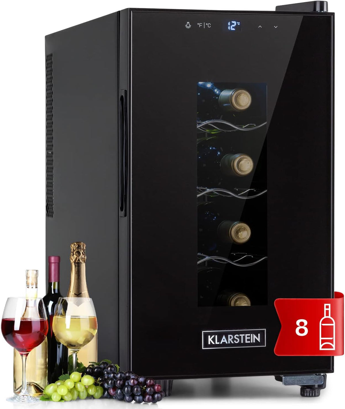 KLARSTEIN Vinoteca, nevera para vinos/bar independiente con puerta de cristal, vinoteca de envejecimiento, prosecco, cerveza, pantalla táctil, frigorífico, protección UV, 11-18 °C, 8 botellas