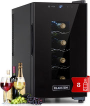 KLARSTEIN Vinoteca, nevera para vinos/bar independiente con puerta de cristal, vinoteca de envejecimiento, prosecco, cerveza, pantalla táctil, frigorífico, protección UV, 11-18 °C, 8 botellas