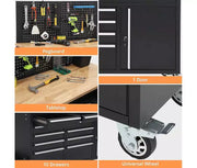 Cajonera móvil para herramientas de 61 pulgadas con 10 cajones y banco de trabajo para garaje con regleta de alimentación, superficie de madera de caucho macizo, gabinete de estación de trabajo móvil resistente con capacidad de 1675 libras