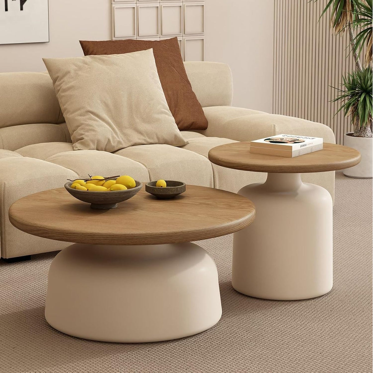 Mesa de centro redonda de madera maciza, mesa de centro redonda para salón moderno, estilo cremoso, base de acero al carbono para el hogar, salón, oficina, granja, fácil de montar (negro)