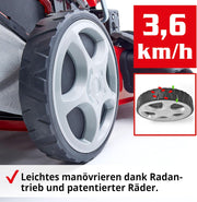 Cortacésped de gasolina 5 en 1 HECHT: potente motor Eco de 4 tiempos de 4,4 kW (6,0 CV), arranque por cuerda, 53 cm de ancho de corte, recogedor de 75 l, tracción a las ruedas, ruedas patentadas, EasyClean, función de mulching