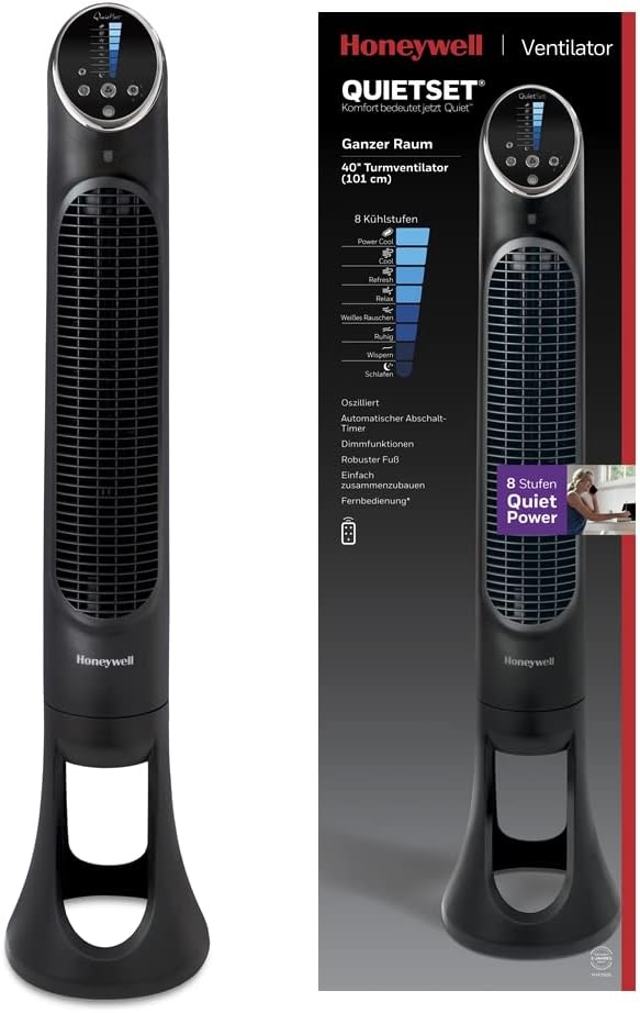 Ventilador de torre Honeywell HYF290E4 QuietSet, potente y ultrasilencioso, con mando a distancia, HYF290E, negro